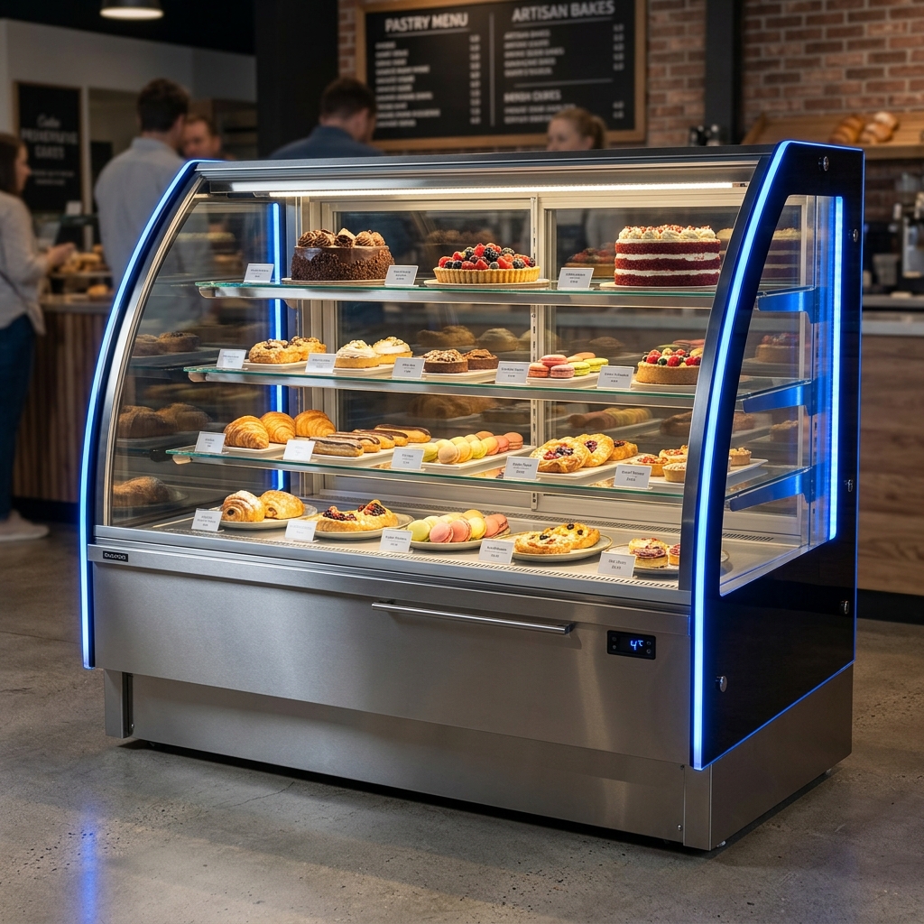 Dry Kool refrigerated cake and pastry display counter with blue side LED lighting